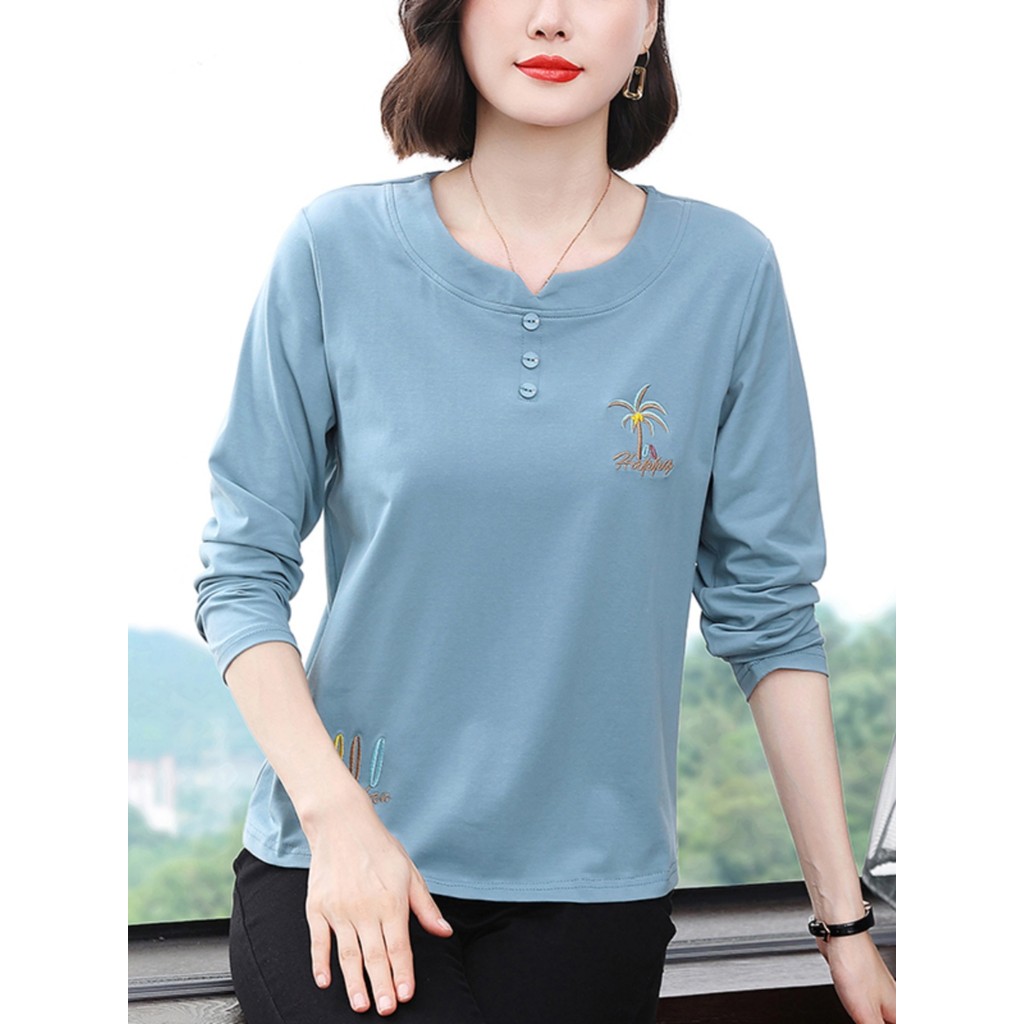 Camiseta feminina de algodão puro de manga comprida, primavera outono, roupa externa, estilo ocidental, redução de idade