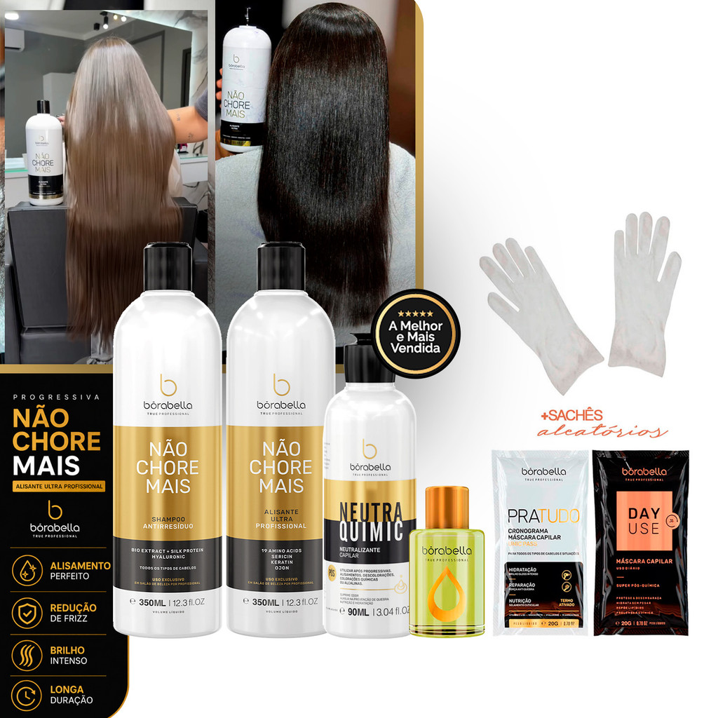 Kit Não Chore Mais Progressiva Borabella 350ml + Neutralizante 90ml + Argan 7ml + Sachês/Luvas