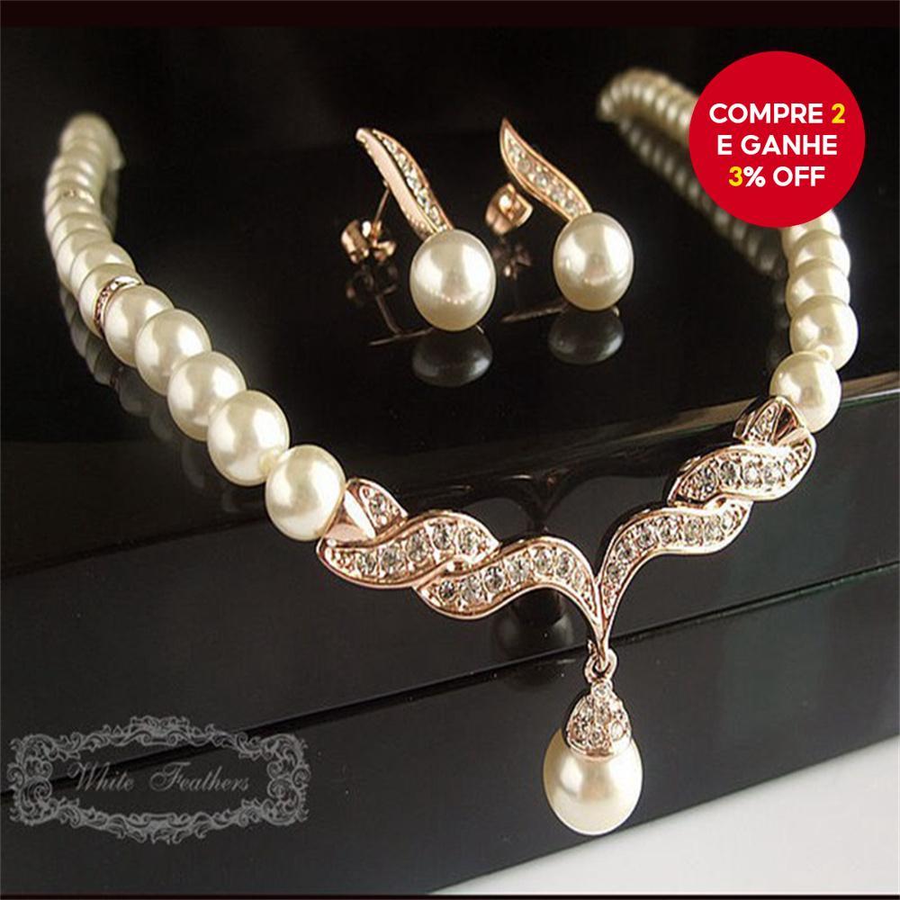 Conjunto de joias em pérolas de 2 peças: colar, brincos, anel e pulseira florais elegantes, ideal para casamentos.