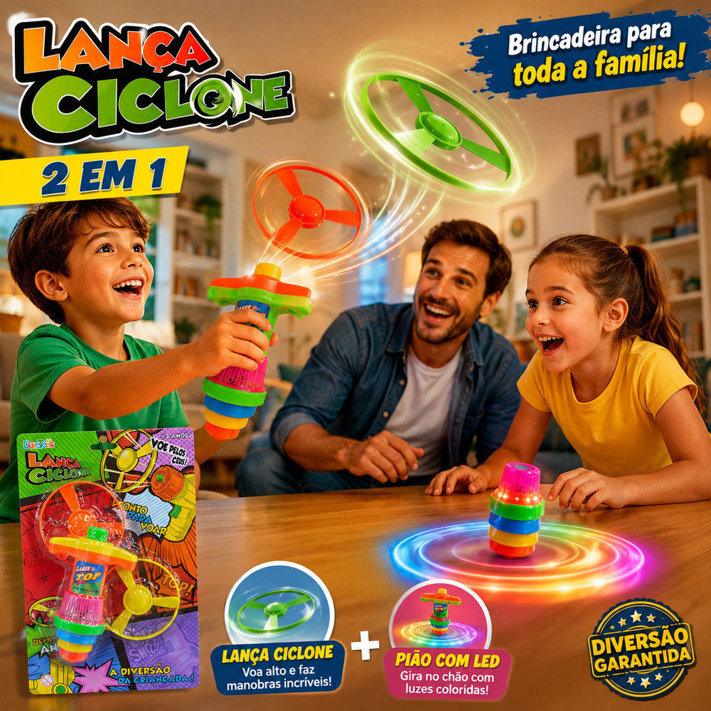 Lança Ciclone 2 em 1 com Pião e Girocóptero LED Infantil