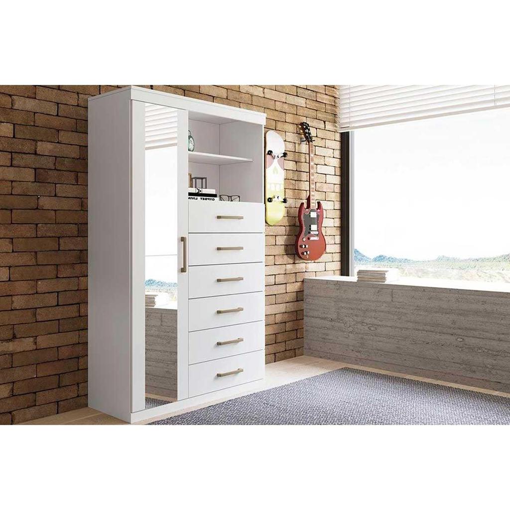 Cômoda de Quarto Marabá 1.6 c/ 1 Porta c/ Espelho e 6 Gavetas Branco - Santos Andirá