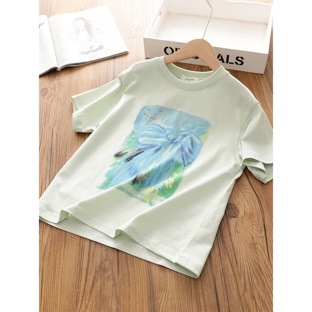 Meninas fio duplo algodão Digital impresso camiseta de manga curta médio grande crianças puro algodão comprimento médio 