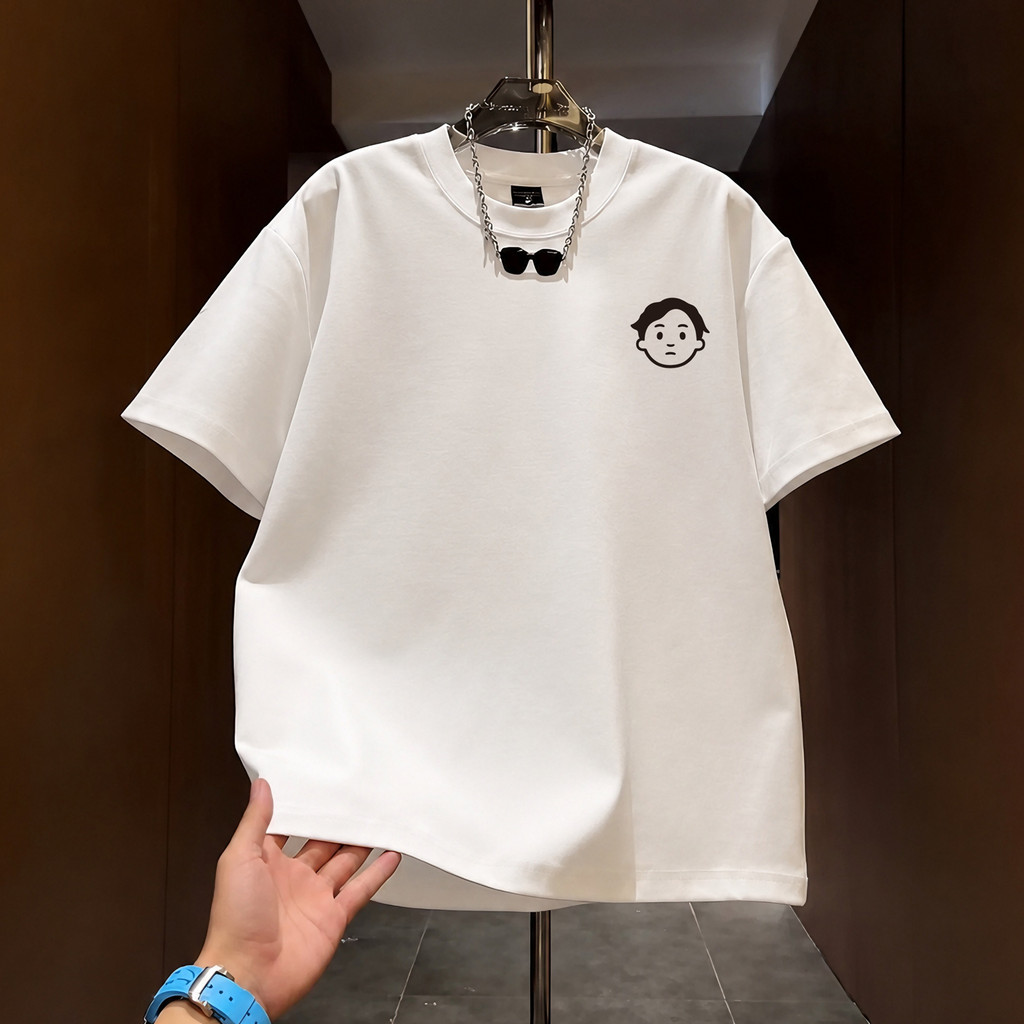 2026 verão novo estilo simples impresso de manga curta camiseta masculina americana High Street solto algodão puro meia 
