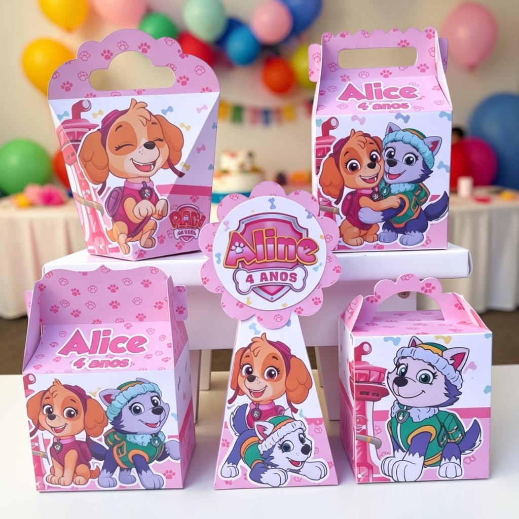Personalizados PATRULHA CANINA ROSA SKY (PEGUE E MONTE) kit festa -lembrancinha - aniversario - caixinhas personalizadas