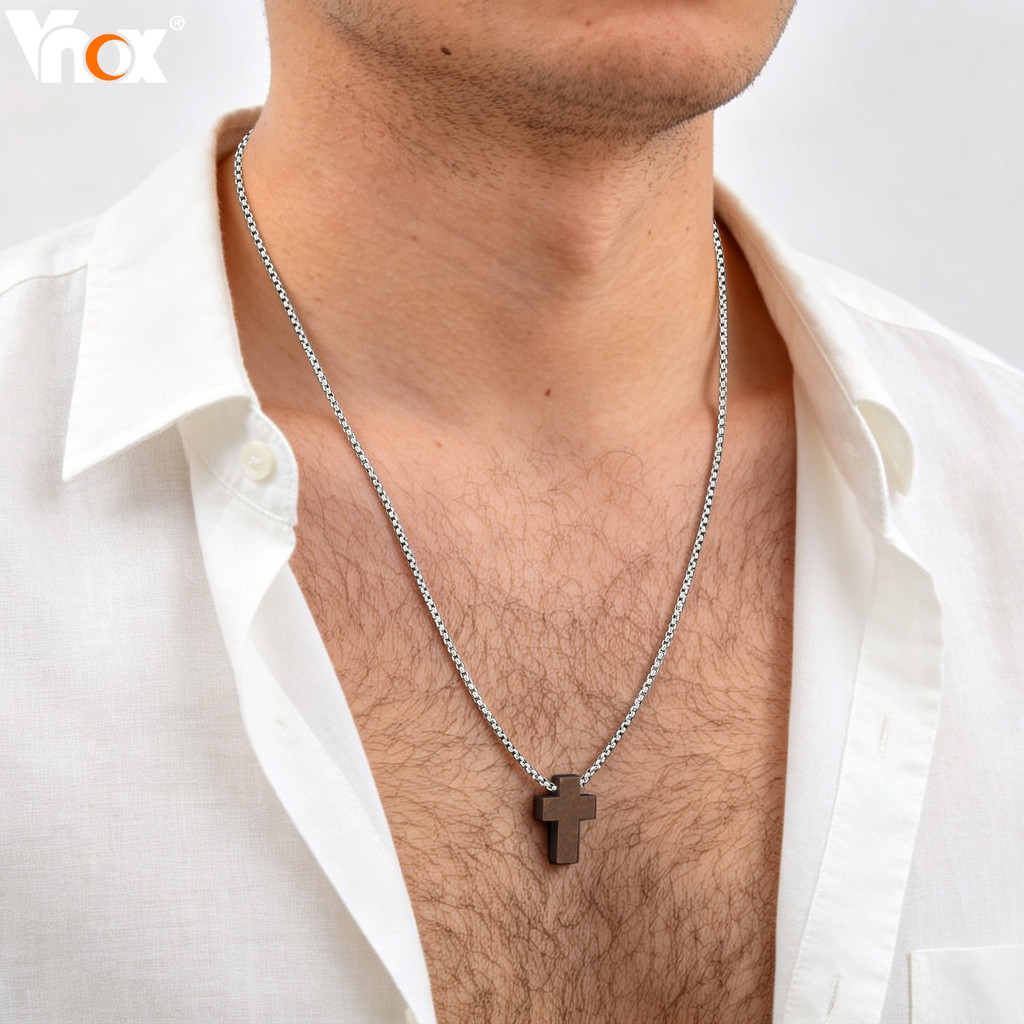 Colar Com Pingente De Cruz De Madeira Masculino Vnox , Corrente Hipoalergênica À Prova D'água De Aço Inoxidável Contas ,