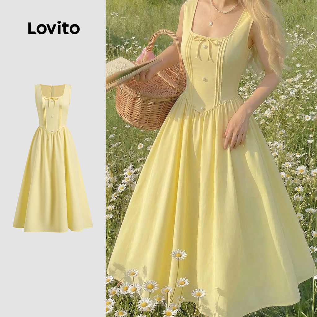Lovito Vestido Elegante com Laço e Pregas Verão/primavera Amarelo para mulheres LK6ED242