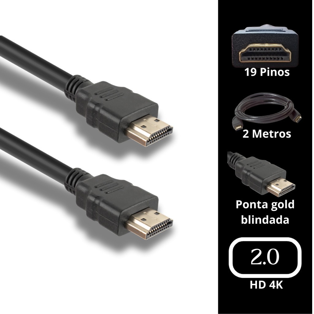 Cabo HDMI 2.0 4K Ultra HD HDR 3D 2 Metros PS5 PS4 Xbox TV Monitor Projetor Notebook PC Computador Áudio Vídeo