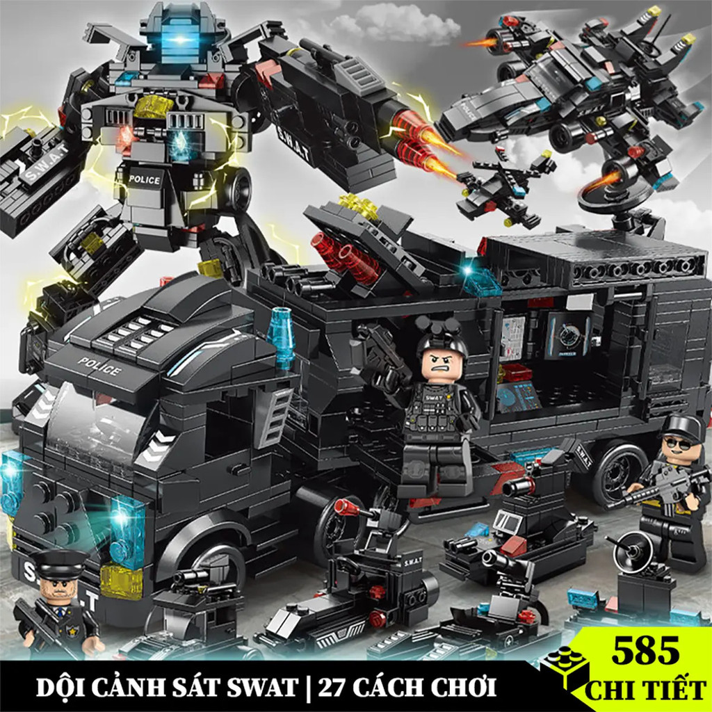 Special Forces Police car assembly toy, SWAT 585CT car puzzle set, Airplane model and Detachable Robot Assembly Toy.