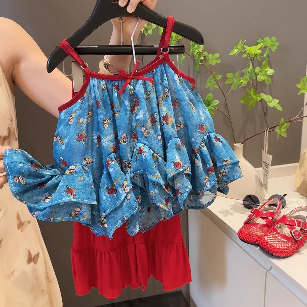 Conjunto de Alças Estilo Verão para Meninas 2026 Novo Top de Chiffon com Babados e Calças Largas Estilo Coreano para Cri