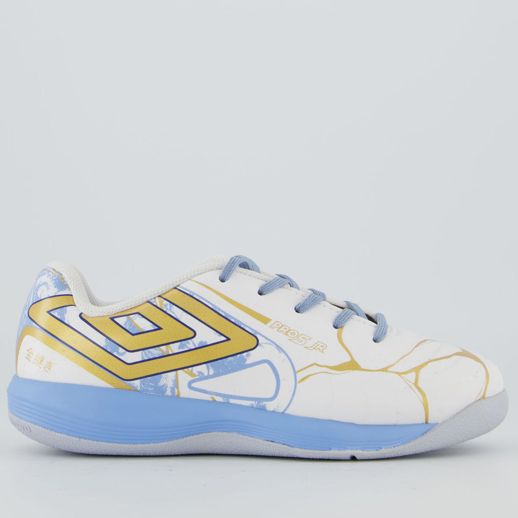 Chuteira Umbro Pro 5 Kintsugi Futsal Juvenil Branca e Azul