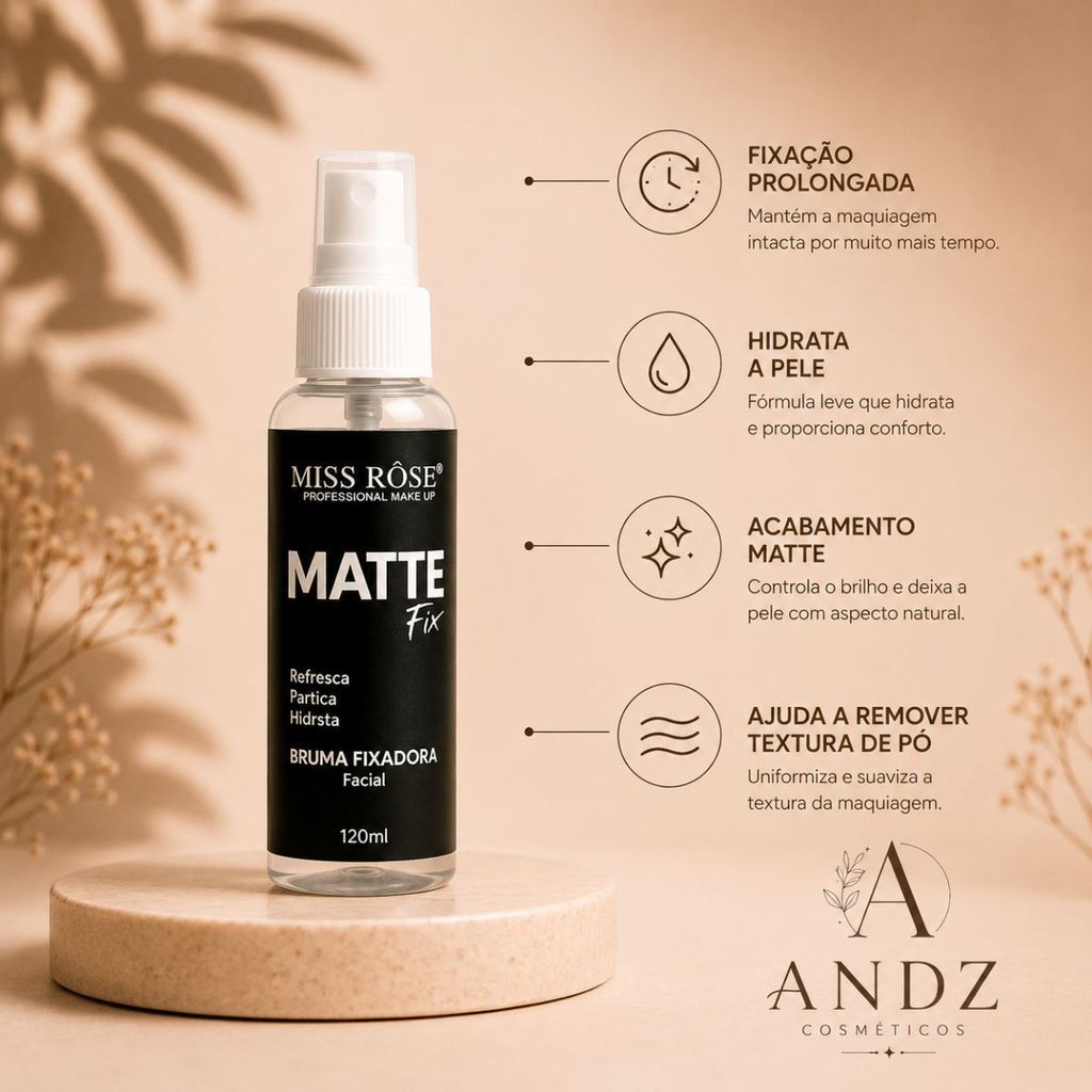 Detalhes do Kit 2 Bruma Matte Miss Rose 120ml Fixador de Maquiagem Controle Oleosidade Longa Duração