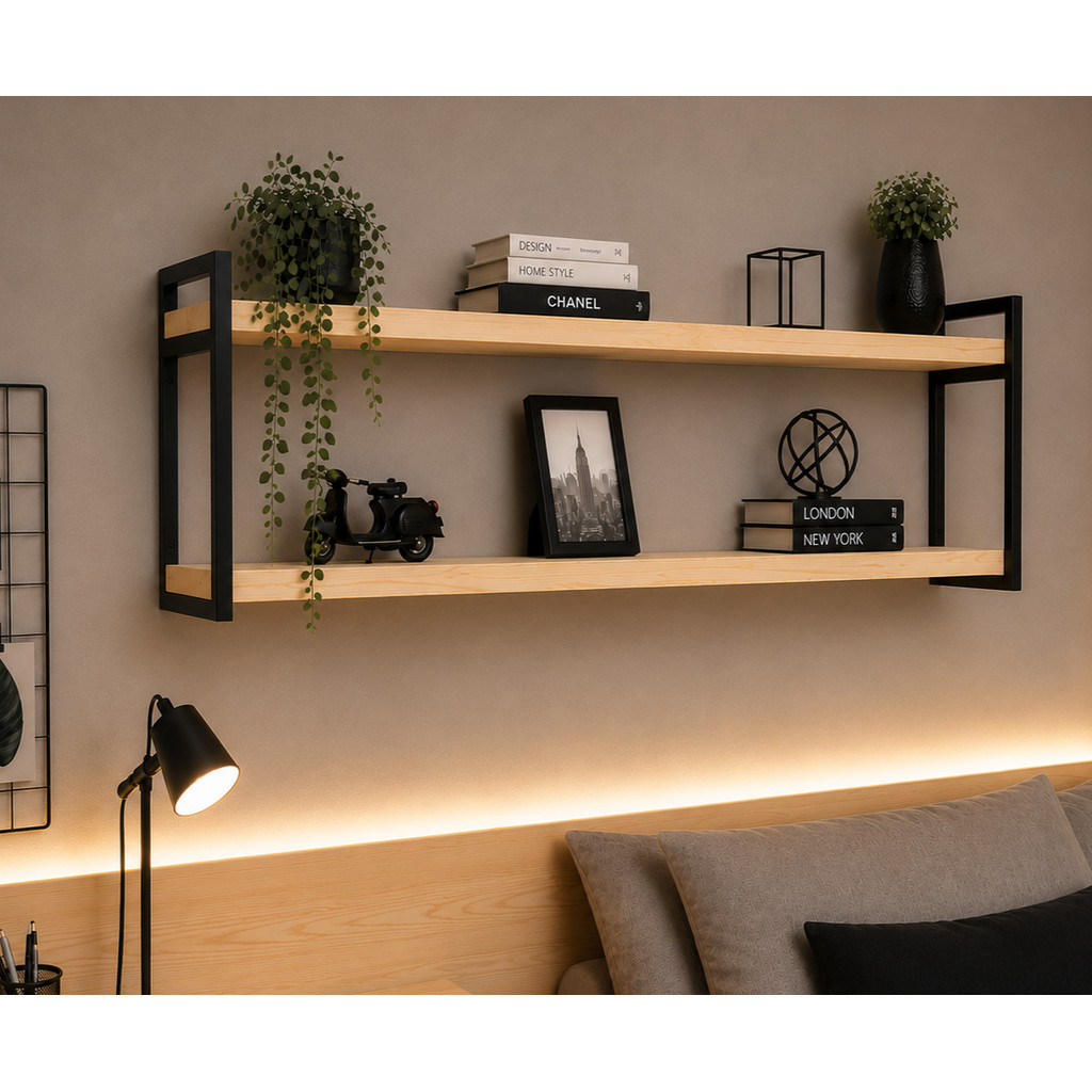 Prateleira nicho industrial de 15x60cm a 120cm FERRO e Madeira