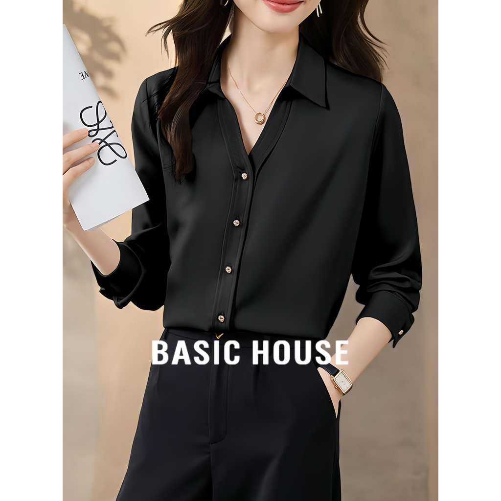 Casa básica/casa básica camisa de cetim preta feminina 2026 primavera novo estilo Commuter Casual camisa de manga compri