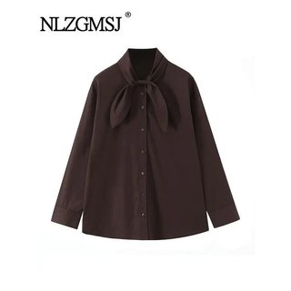 NLZGMSJ Camisas Femininas com Lenço 2025 Outono Elegantes para Escritório, Soltas, Chiques, Ajustadas, de Manga Comprida