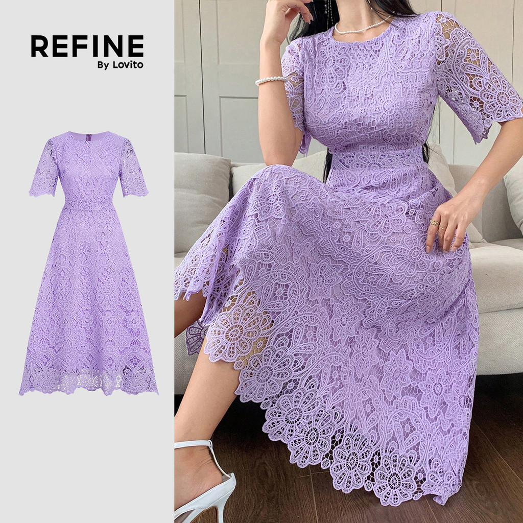 (Refine by Lovito) Vestido Elegante de Renda Oca com Babado Exagerado para Primavera/verão Roxo para mulheres LR35E050