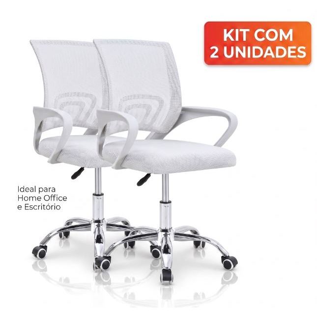 Kit 2 Cadeiras Escritório Giratória Office Arco Estofado Mesh Branca