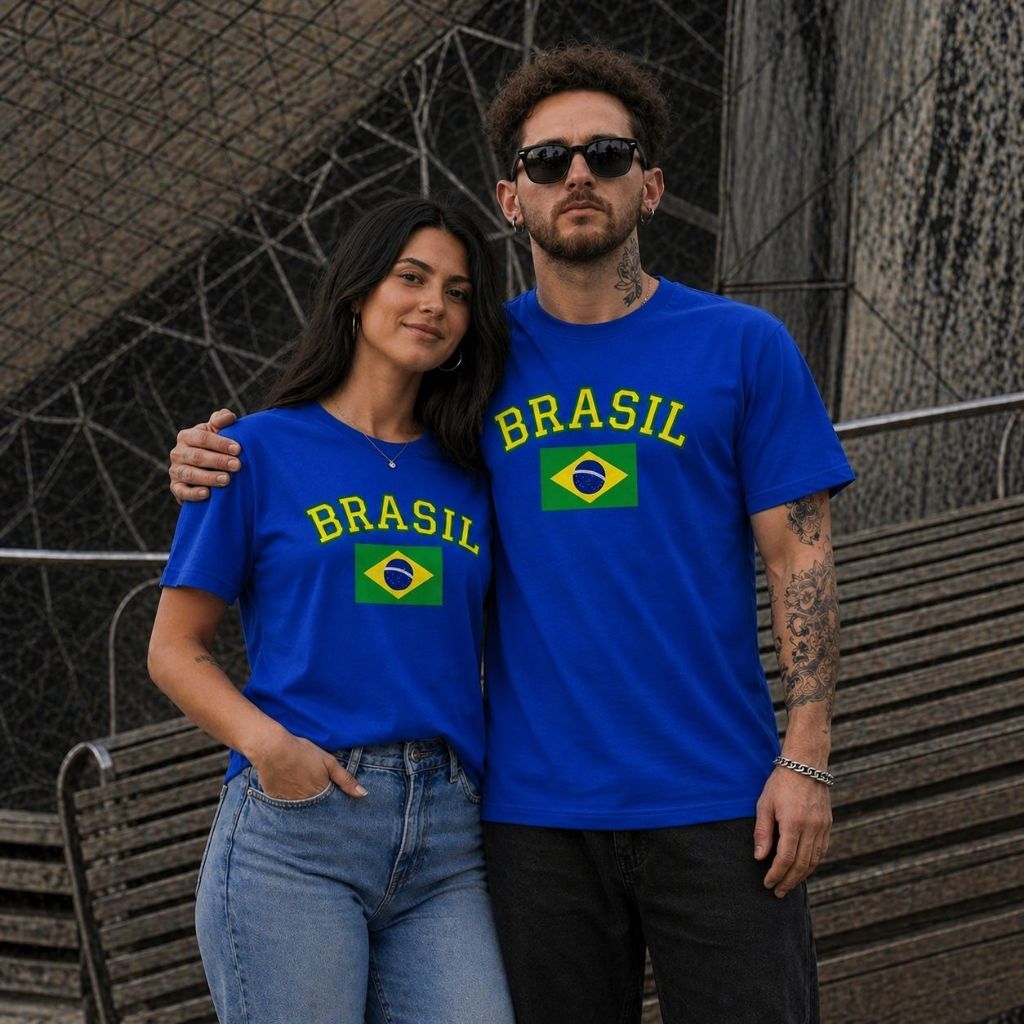 Kit 2 Camisetas Camisa Casal Premium Básica Unissex Masculina Feminina Brasil Seleção Brasileira Copa do Mundo Algodão