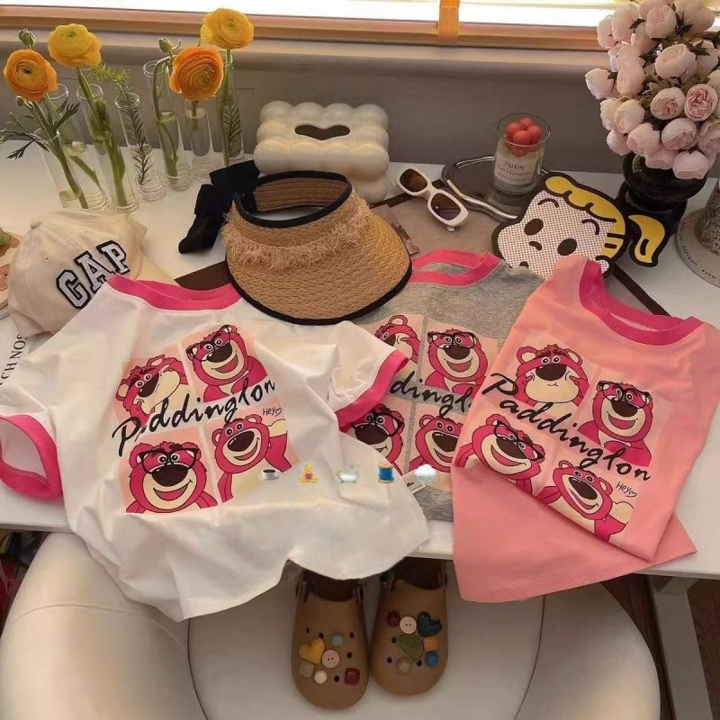 Algodão puro meninas camiseta de manga curta crianças verão morango urso impressão bebê camiseta dos desenhos animados m