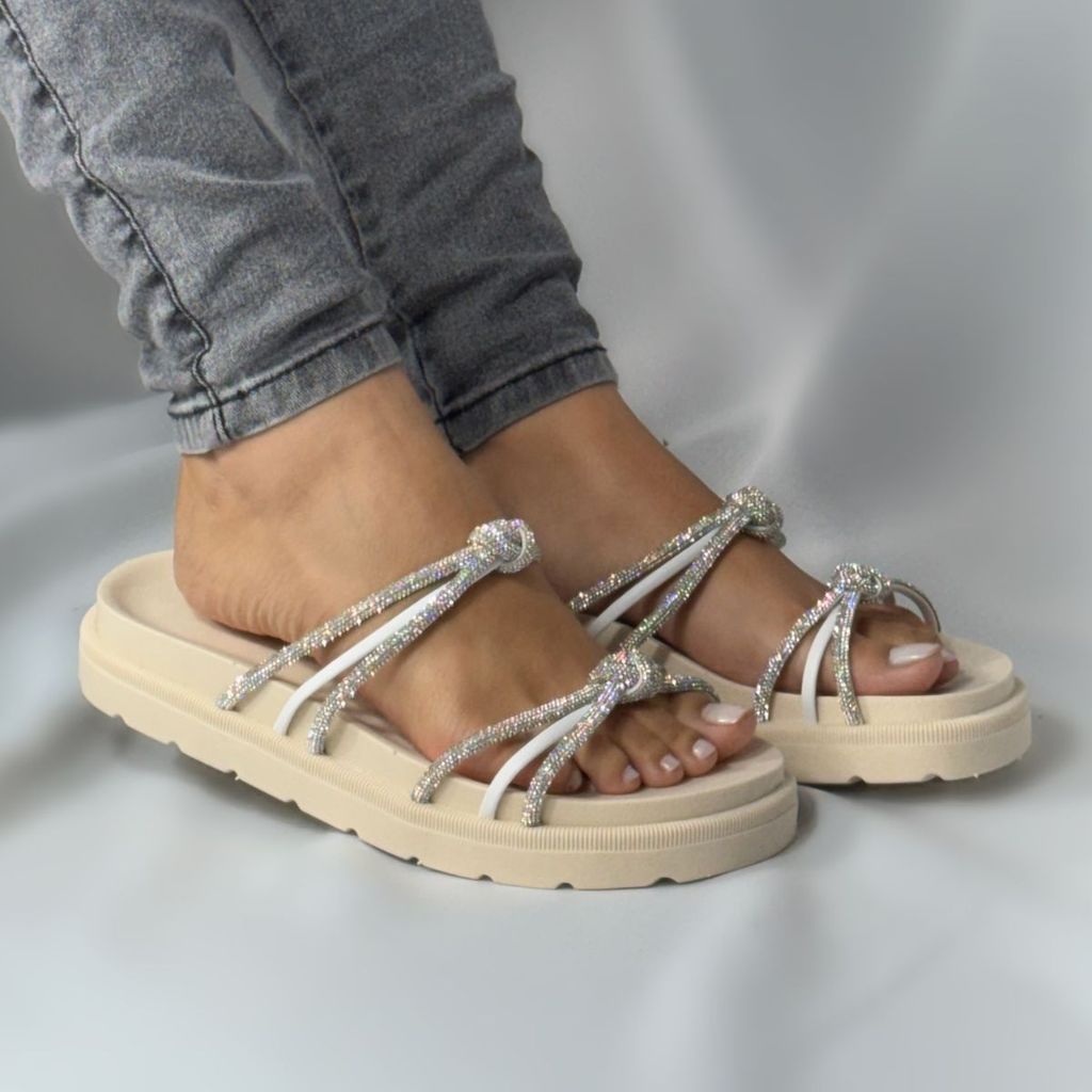 Papete Feminina Plataforma com Strass Sandália Moderna Confortável Detalhe Nó