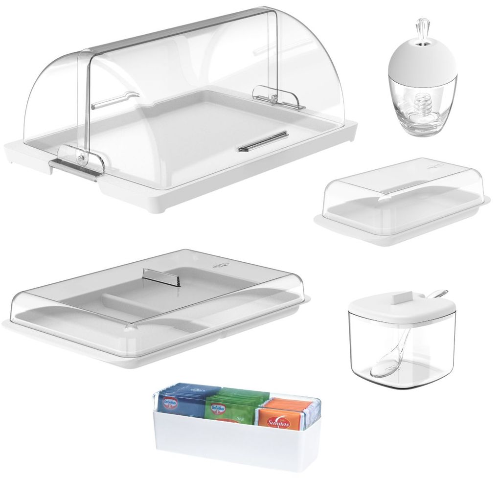 Kit Porta Pão Porta Saches Frios Açucareiro Meleira Acrílico Organizador Cozinha Café Da Manhã