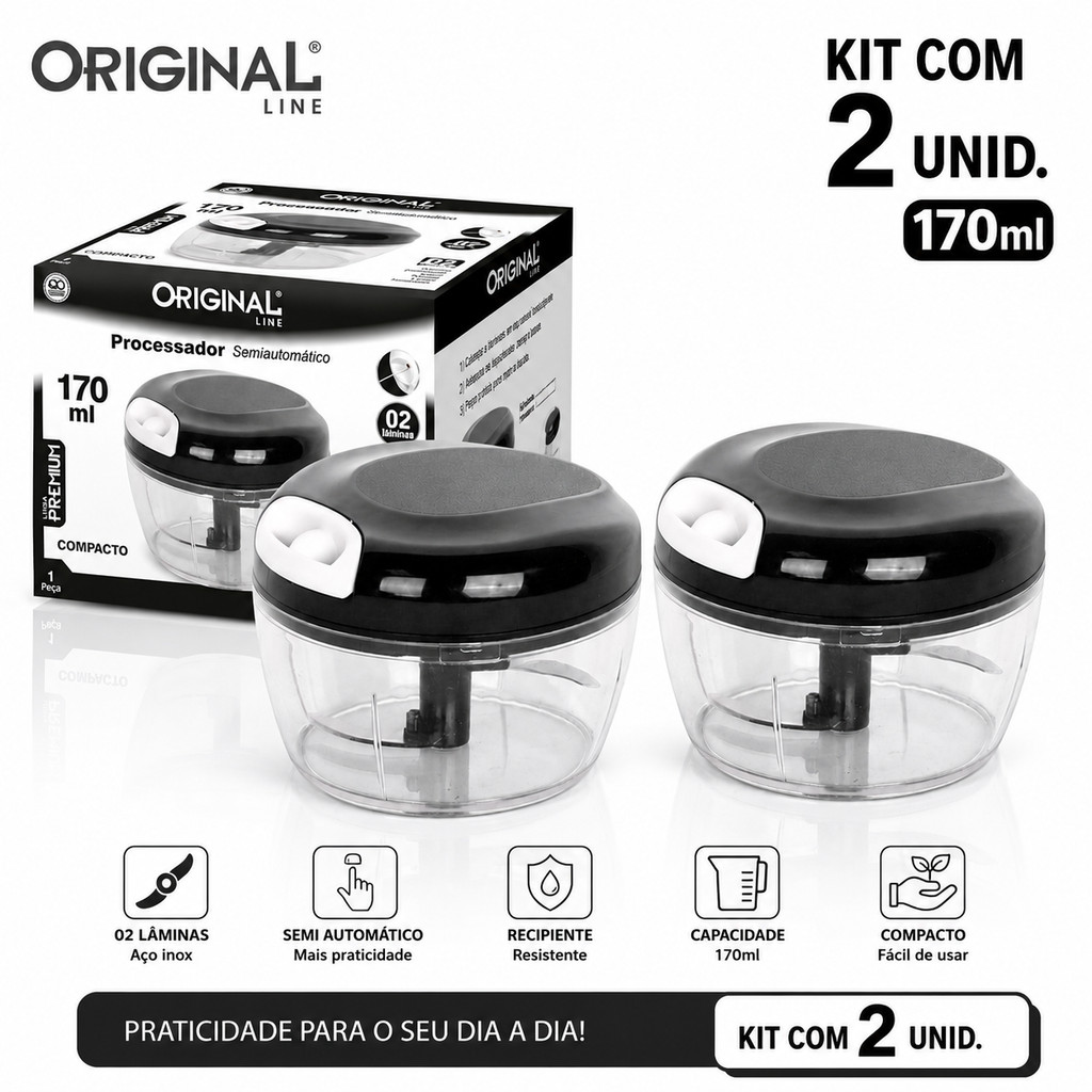 KIT 2 Processador de alimentos manual 5 Lâminas aço Inox 170ml Triturador de alho