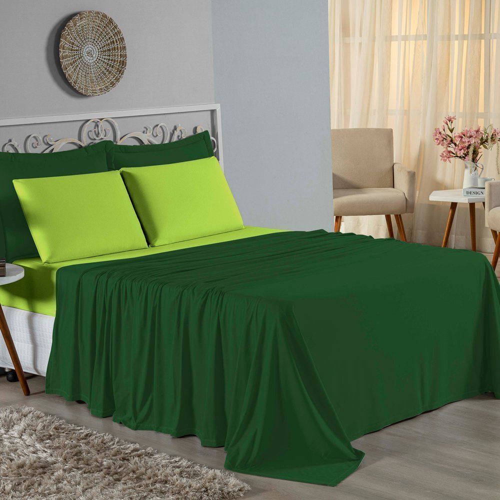 Jogo de Cama Solteiro Nobre 3 Peças Lençol com Elástico de 30cm de Altura Malha 100% Algodão - Verde-Bandeira / Pistache