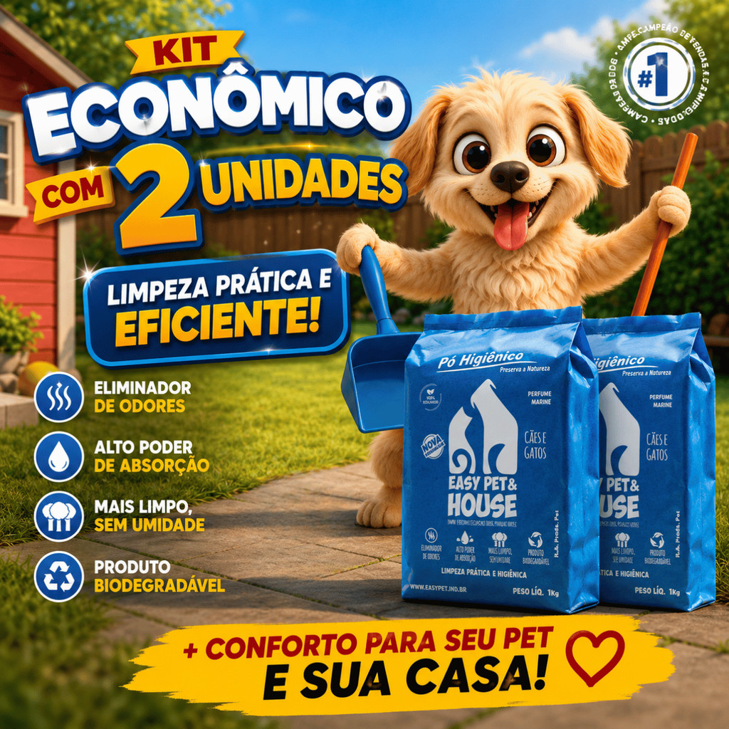 Kit 2 Unidades Pó Higiênico Eliminador de Odores Easy Pet 1Kg Caixa de Areia e Seca Xixi Cães e Gato