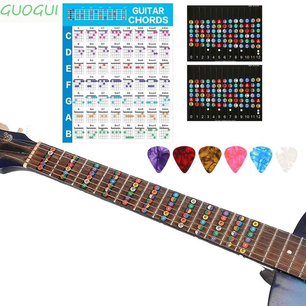 Gráfico De Acordes De Prática De Guitarra GUOGUI , Pôster De Papel Revestido De Vinil Impresso , 6 Palhetas