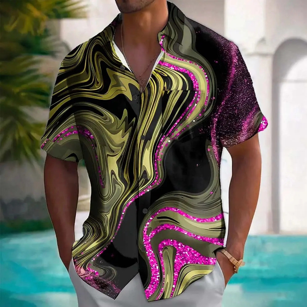 Ondas Masculinas Mármore Abstrato Líquido Arte Camisa De Verão Botão Até Manga Curta Moda Casual Férias Ao Ar Livre Roup