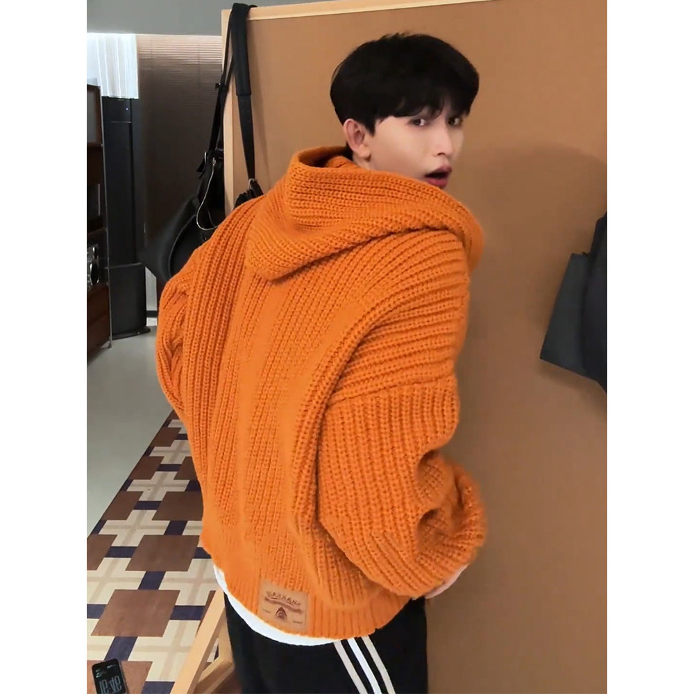 Suéter cardigã com botão laranja masculino inverno estilo americano suéter com capuz High-End pesado preguiçoso jaqueta