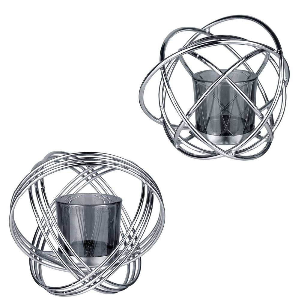 KIT 2 CASTIÇAL TRAMA HOME&CO DECORATIVO PORTA VELA CÚPULA VIDRO METAL FUMÊ