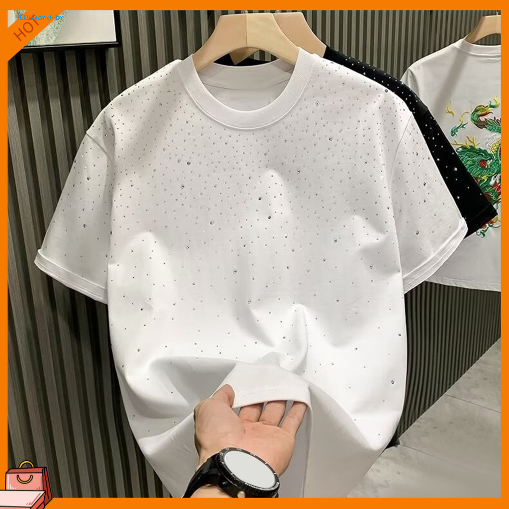 Round Neck Tee Short Sleeve Men Top Summer Couple T-shirt Rhinestone Decor Plus Size Loose Fit Pullover Mid-length Solid