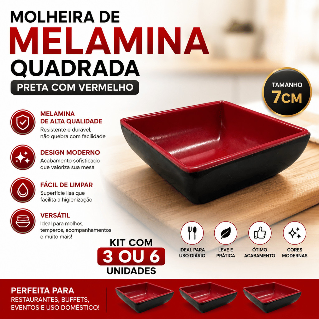 Kit 3/6 Molheira de Melamina Quadrada Preta c/ Vermelho 7cm - Rio de Ouro / Sushi Shoyu Molho Mesa Servir Japonesa