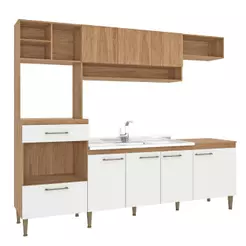 Cozinha Completa Compacta com Armário e Balcão 5 Peças 7 Portas 1 Gaveta 240cm CC120 Cor Mel/Branco - Fellicci Móveis