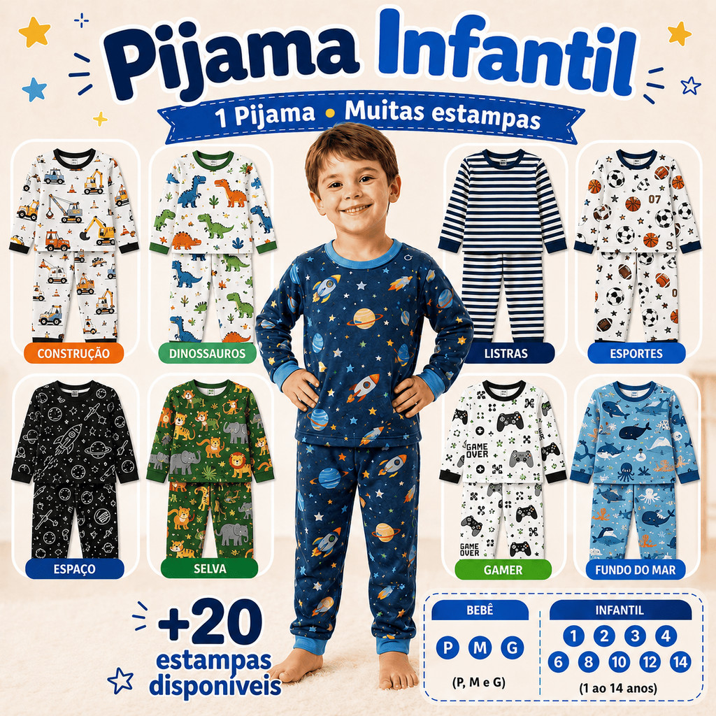 Pijama Infantil Menino Criança Inverno Manga Longa Comprida Calça Blusa 2 Peças Estampas Sortidas Roupa de Dormir
