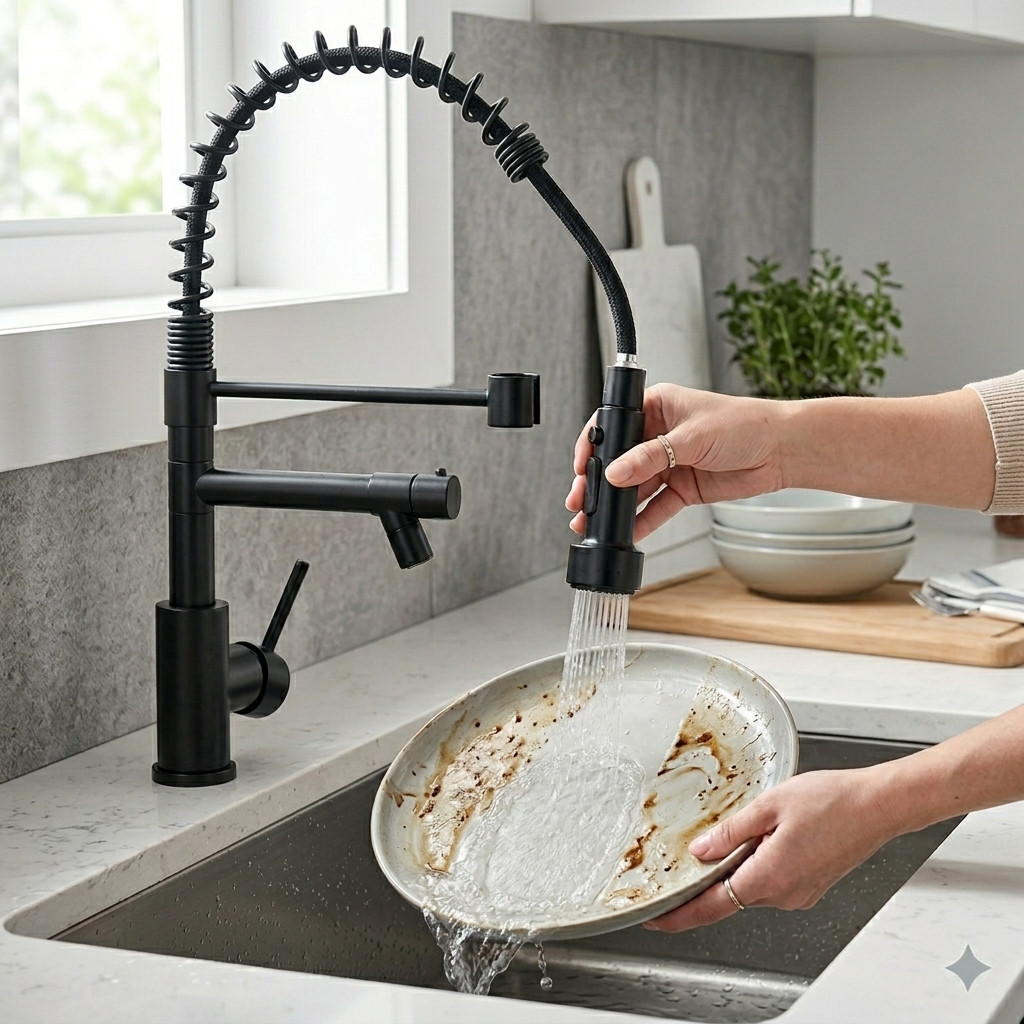 Torneira De Cozinha Gourmet Monocomando Alça Única Com Extensor De Spray Tubo De Água Flexível Superior  Preta Fosca