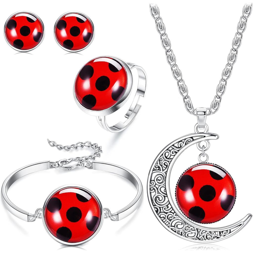 HAIAISO Good Luck Ladybug Jewelry Red Ladybug Bracelet Moon Necklace Ring Stud Set Halloween Cosplay Jewelry Magical Lad