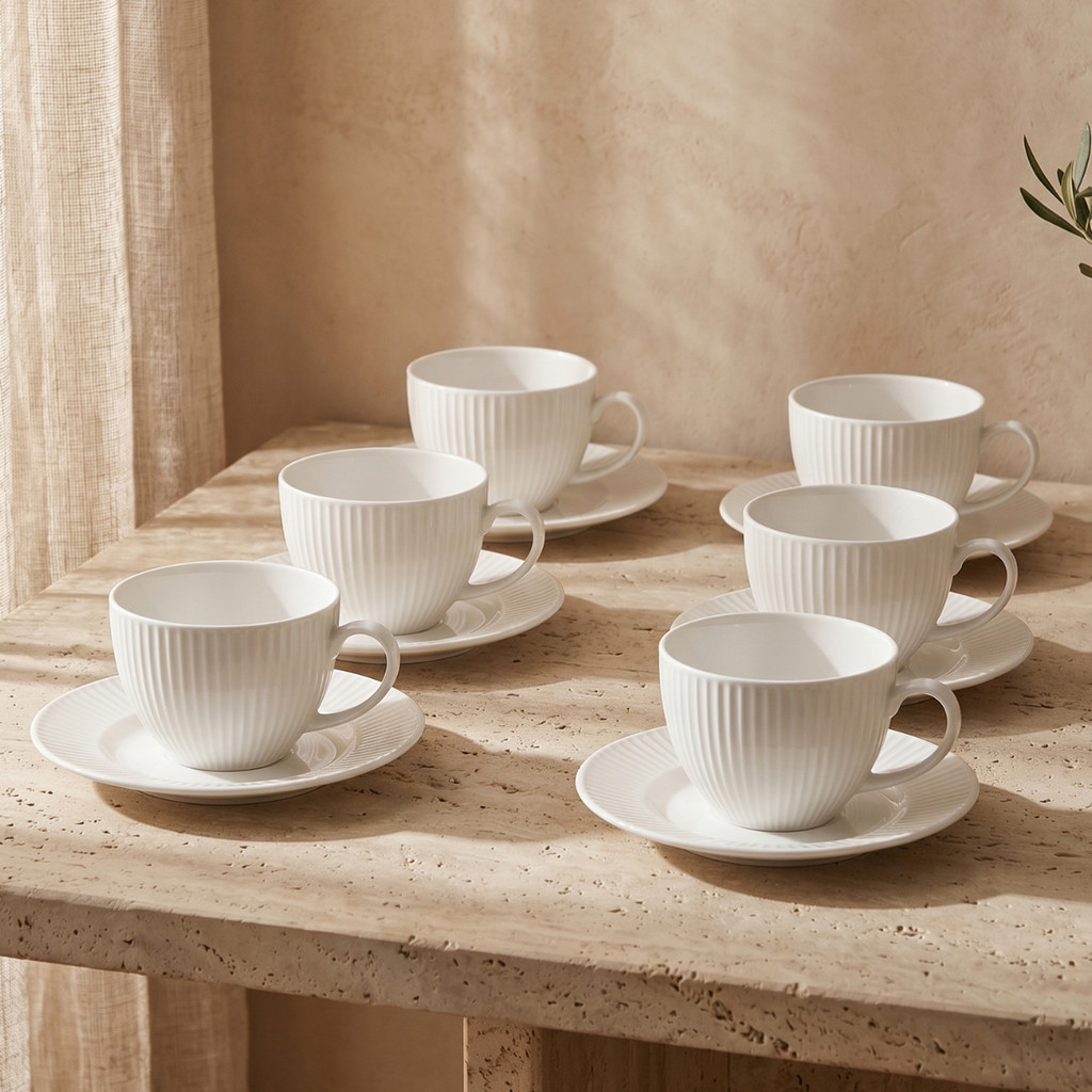 Jogo 6 Xicaras E Pires Cha Cafe em Porcelana Lavish Canelada Trabalhada Branca Mesa Posta Luxo 250ml