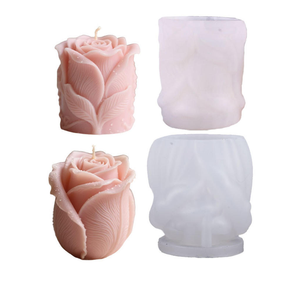 Moldes De Vela De Silicone Com Flor De Rosa 3D , Molde De Cera De Soja Em Forma De Cilindro E Botão De Fundição De Resin
