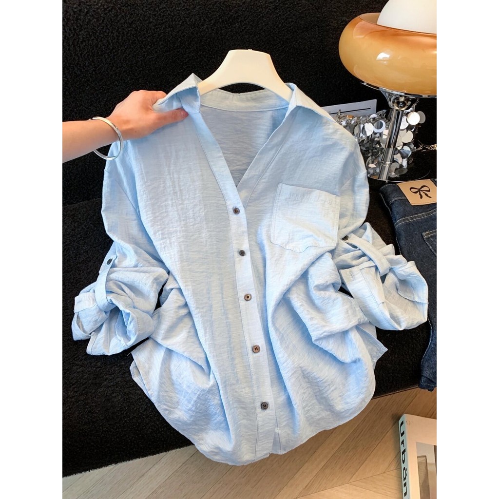 Shenzhen sul óleo luz luxo camisa de linho feminina manga comprida protetor solar roupas verão solto solto camisa de ar