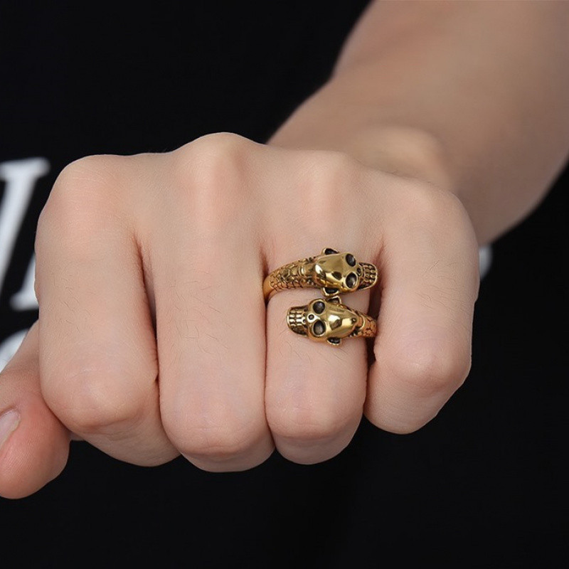 Anel dominador de duas cabeças com caveira aberta, exclusivo, Punk, masculino, feminino, Hip-Hop, ajustável, acessórios 