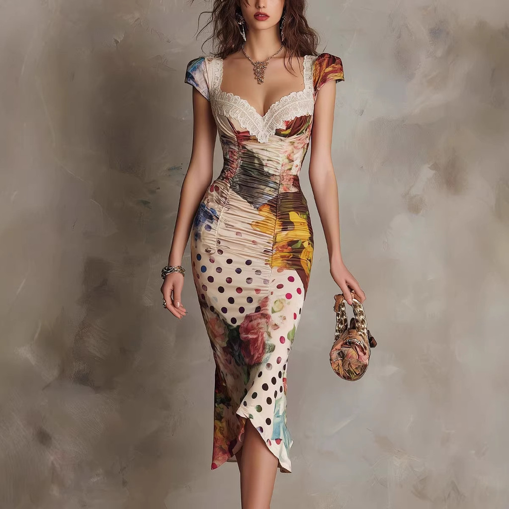 Vestido Slim Fit Estampado Retrô Para Mulheres Com Cintura E De Festa Emagrecedor