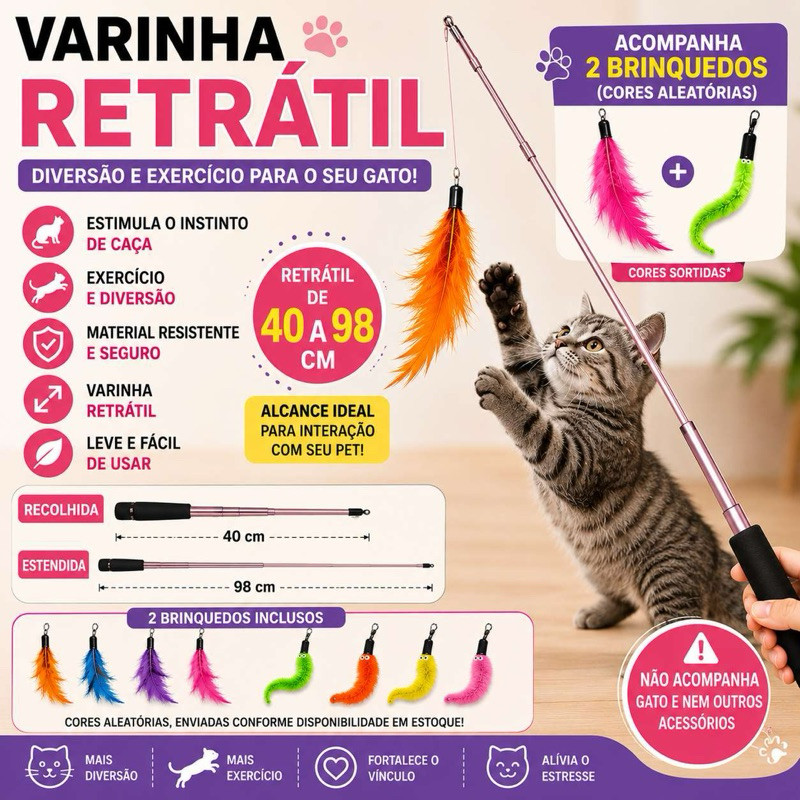 Varinha Interativa para Gatos Retrátil 98cm com Pena e Lagarta Brinquedo Pet lsg yh8170