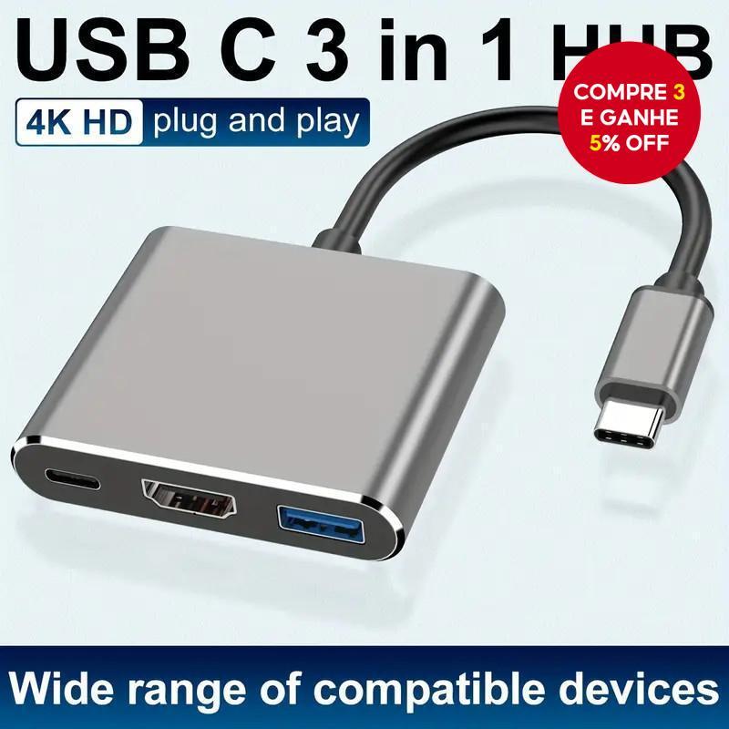 Hub Usb-c 3 Em 1 Thunderbolt 3: Saída Hdtv 4k, Porta Usb 30 E Carregamento Pd De 60w, Portátil E robusto