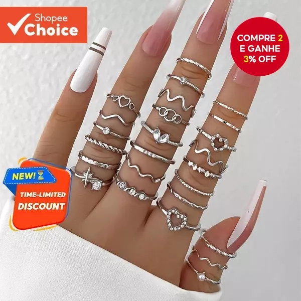 Conjunto De Anéis De Junta Geométrica , 28 Peças , Para Mulheres , Cristal , Coração , Ouro , Prata , Acessórios De Joia