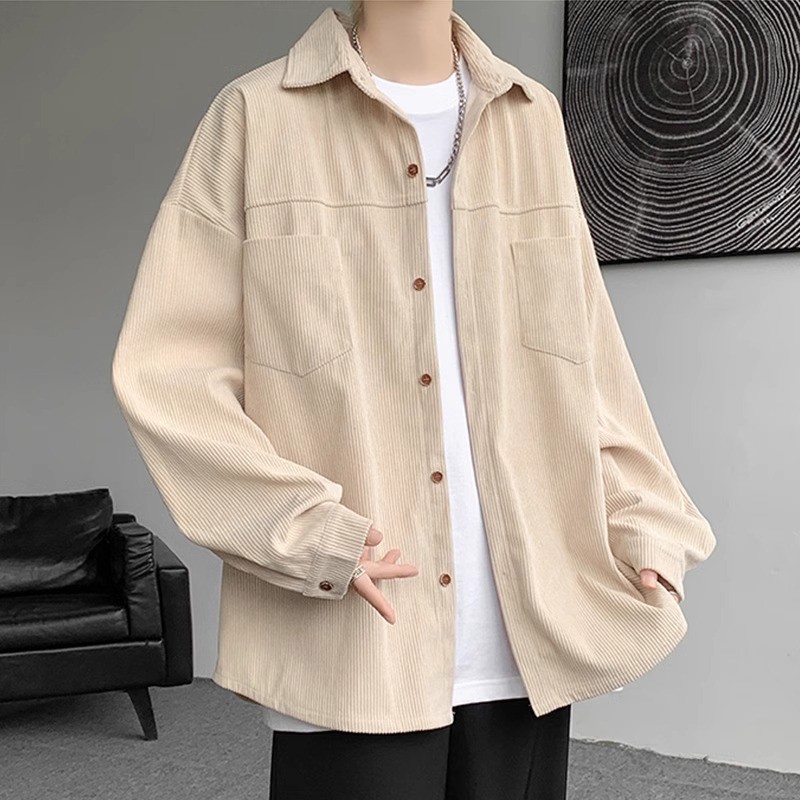Camisa de manga comprida de veludo masculina primavera outono moda lapela jaqueta adolescente solta camisa Casual jaquet