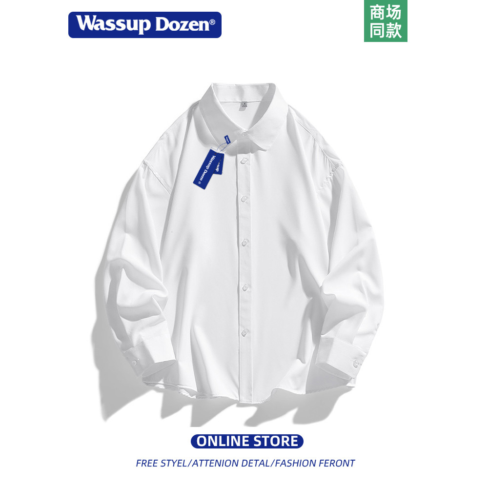 WASSUP DOZEN Primavera Camisa Branca de Manga Comprida Estilo Preppy Interior Solto Casual Adolescente Camisa Branca Uni
