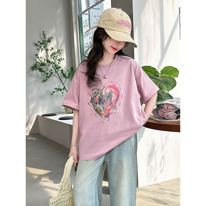 Algodão puro meninas verão camiseta de manga curta 2026 novo estilo crianças estilo ocidental meia manga meninas verão f