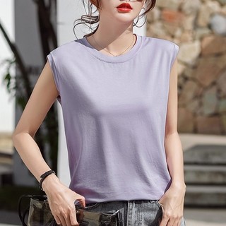 · Camiseta feminina de manga curta de algodão mercerizado com 80 contagens, colete sem mangas, algodão puro, roupa exter