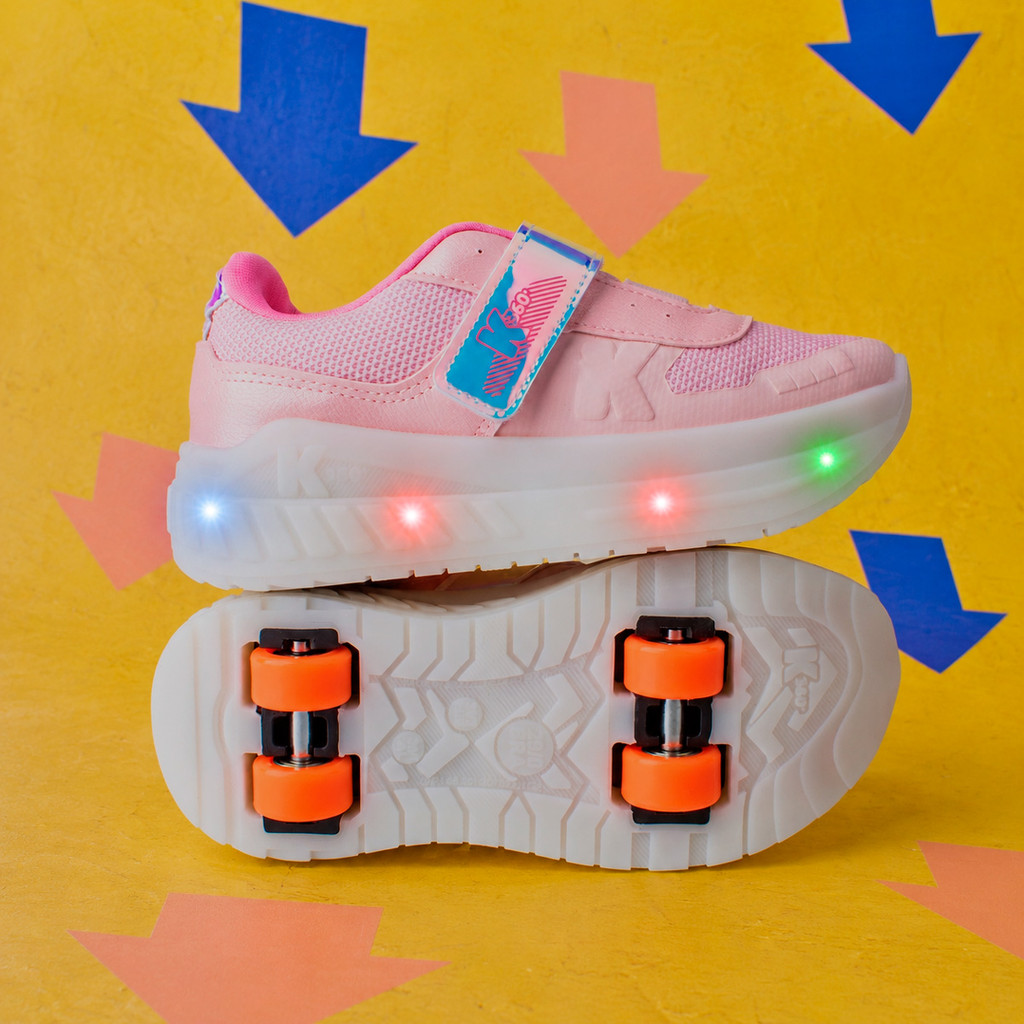 Tênis Infantil Menina Kidy K360 Veloz Nude Rodinhas Removíveis Luz LED Confortável Divertido